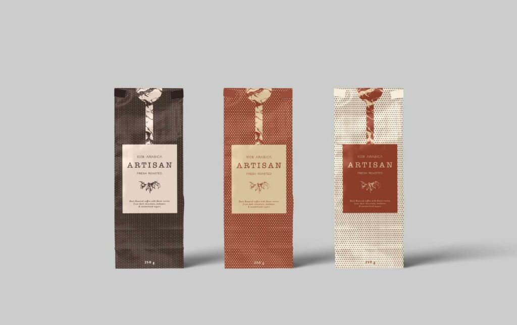 three coffee bags standing up with labels